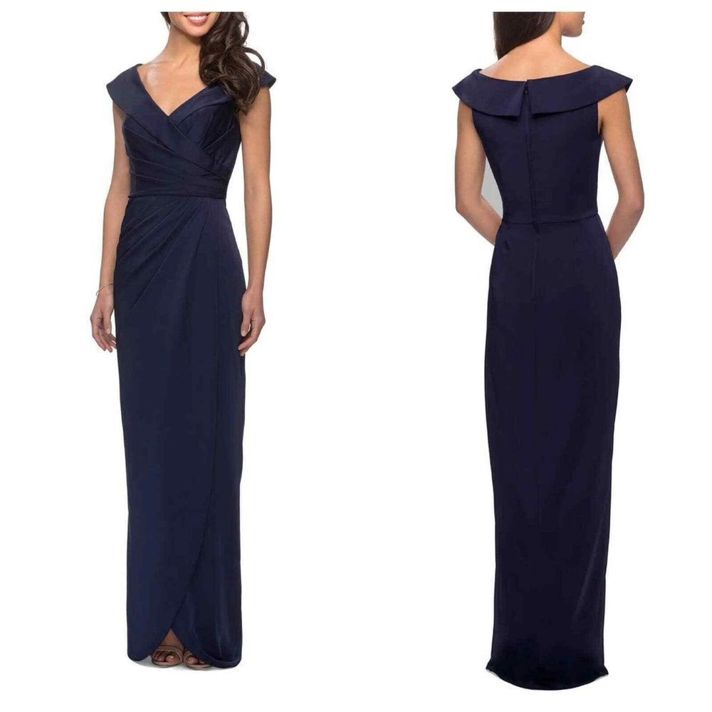 NWT La Femme 25206 V-Neck Ruched Cap Sleeve Tulip Hem Sheath Dress in Navy sz 16